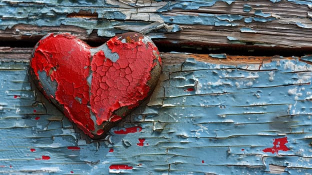 A red heart painted on a blue wooden wall