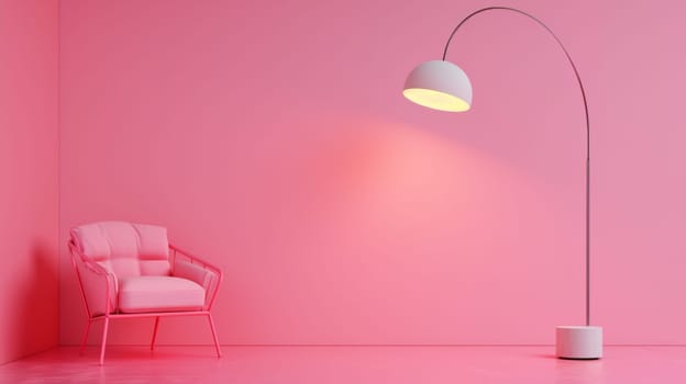 A pink room with a lamp and chair in front of it