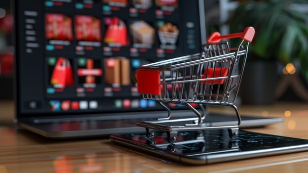 A small shopping cart sitting on top of a cell phone