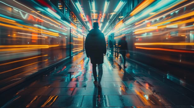 A person walking down a hallway with lights and cars passing by