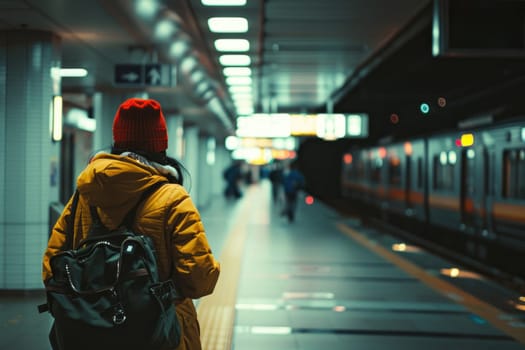 A woman wearing a red hat and a yellow jacket is standing at a train station. She is carrying a backpack and she is waiting for a train. The scene is set in a dimly lit station