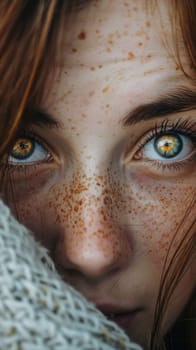 A close up of a woman with freckles and green eyes