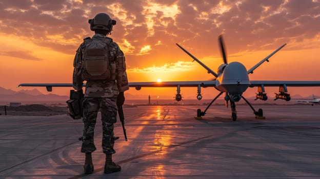 A man in military uniform standing next to a drone