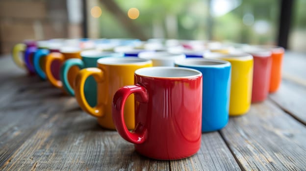 A row of colorful coffee mugs sitting on a wooden table