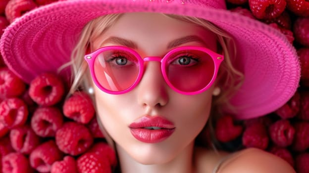 A woman in a pink hat and sunglasses with berries on her face