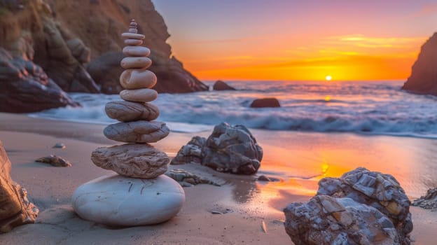 A stack of rocks on the beach at sunset