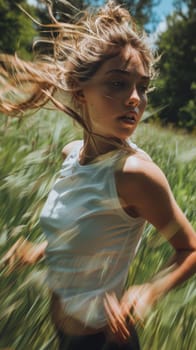A woman running through a field of tall grass with her hair blowing
