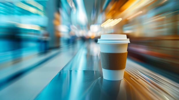 A coffee cup sitting on a table in front of blurry background