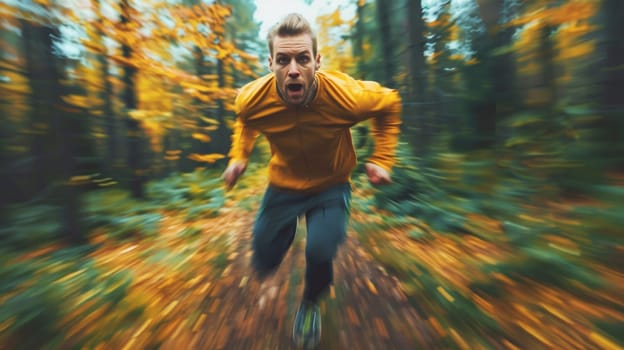 A man running through a forest in motion with blurred background