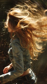 A woman with long blonde hair running in the wind