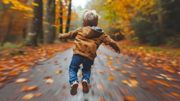 A young boy running down a road in the fall