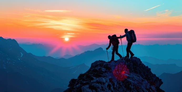 Two people are hiking up a mountain and one of them is helping the other. The sun is setting in the background, creating a beautiful and serene atmosphere