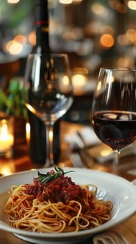 A plate of spaghetti with meat sauce and wine on a table