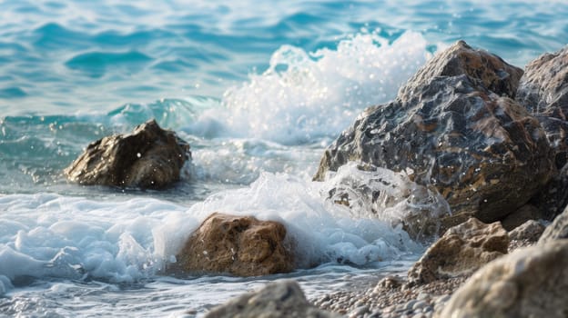 A close up of a rocky shore with waves crashing on the rocks