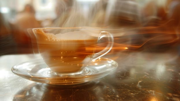 A glass cup of coffee on a table with steam coming out