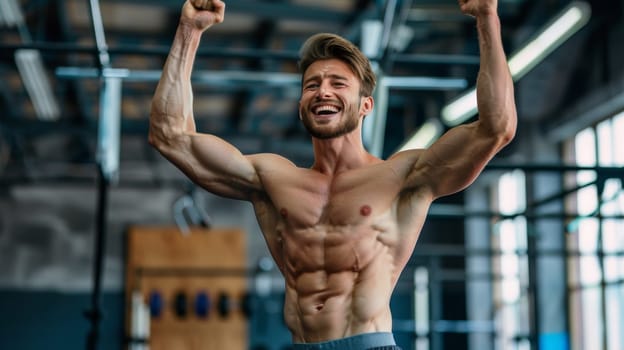 A man in a gym holding his arms up with no shirt on