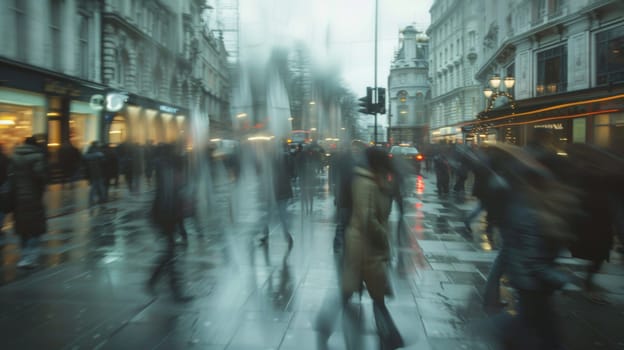 A blurry picture of a busy city street with people walking