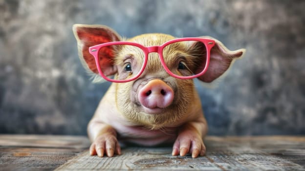 A pig wearing pink glasses sitting on a wooden table