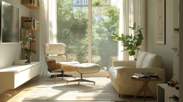 A living room with a white chair and ottoman, large window