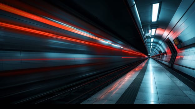 A subway train moving through a tunnel with bright lights