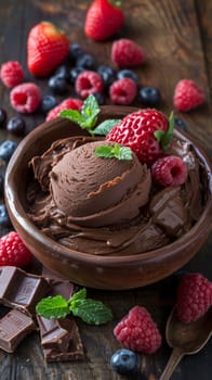 A bowl of chocolate ice cream with berries and mint leaves