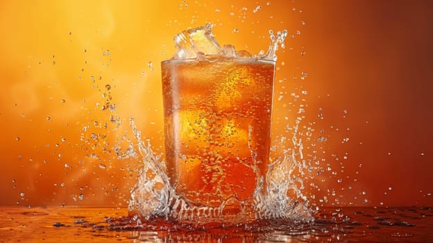 A glass of soda with ice and bubbles in a brown background