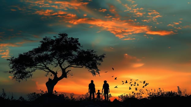 A family of people standing under a tree at sunset