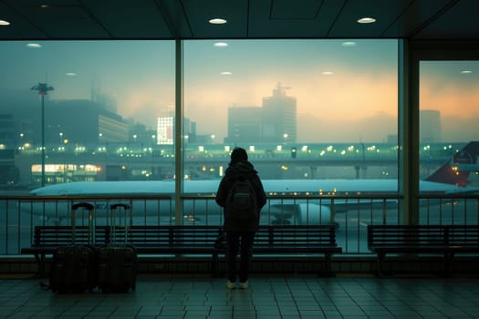 A person is standing in front of a window at an airport, looking out at the planes. The scene is set in the evening, with the sky outside the window being cloudy. The person is wearing a backpack