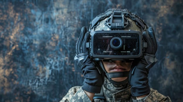 A soldier in camouflage holding a virtual reality device to his face