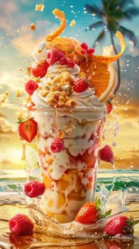 A picture of a drink with fruit and ice cream splashing out