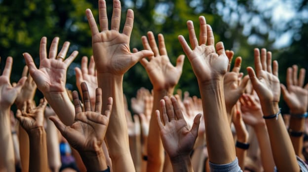 A group of people raising their hands in the air