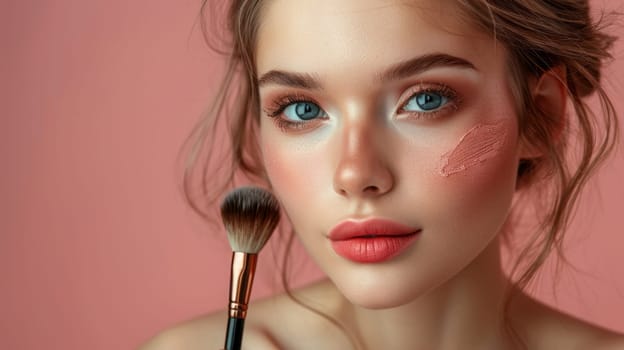 A woman with makeup on her face holding a brush