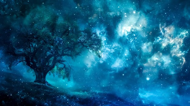 The enchanted cosmic forest scene: a mystical. Ethereal. And magical dreamscape of a vibrant. Starry universe with surreal celestial trees and tranquil night sky
