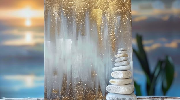 A stack of rocks on a table next to an abstract painting