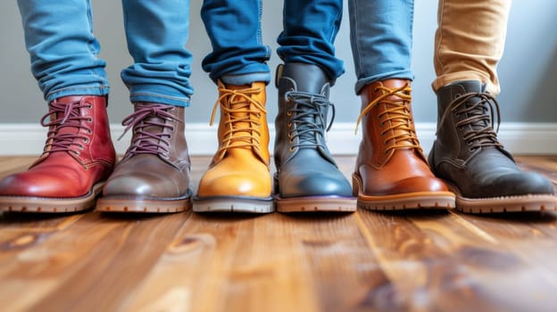 A group of people wearing different colored boots standing on a hardwood floor