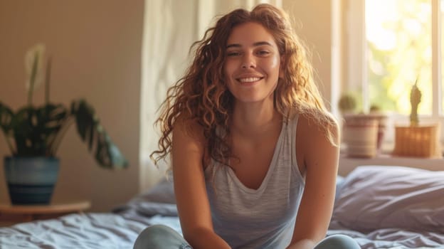 A woman sitting on a bed smiling at the camera