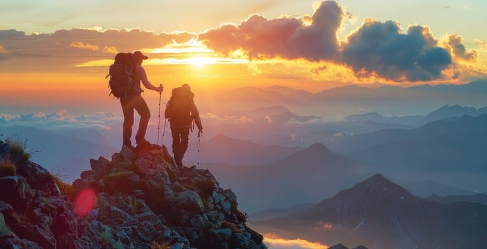 Two people are hiking up a mountain and the sun is setting behind them. The sky is filled with clouds and the mountains are in the background