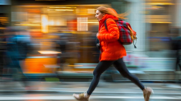 A woman in orange jacket running down the street with a backpack