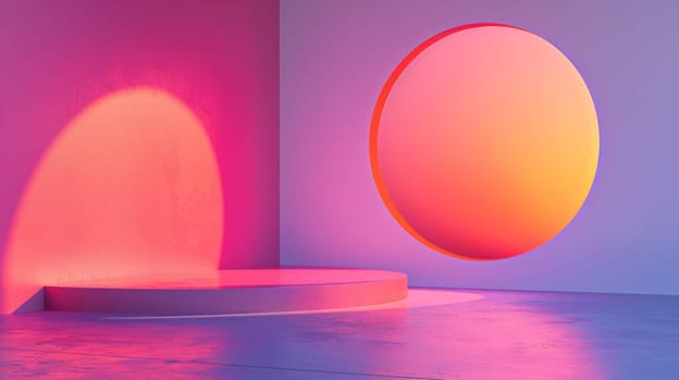 A round mirror in a room with bright light and pink walls