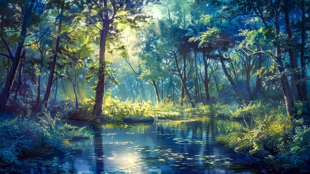 Serene digital painting of a sunlit stream meandering through a lush, mystical forest