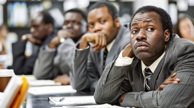 A group of a man in business attire sitting at his desk