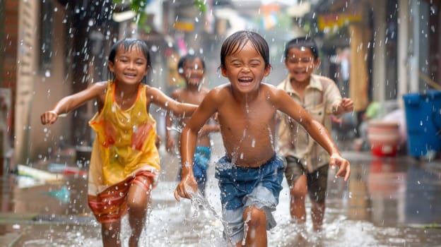 A group of children playing in a puddle with water