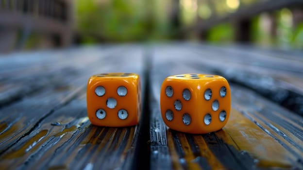 Two orange dice sitting on a wooden table with holes in it