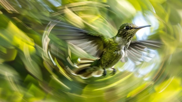 A hummingbird flying in a circular motion with blurred background