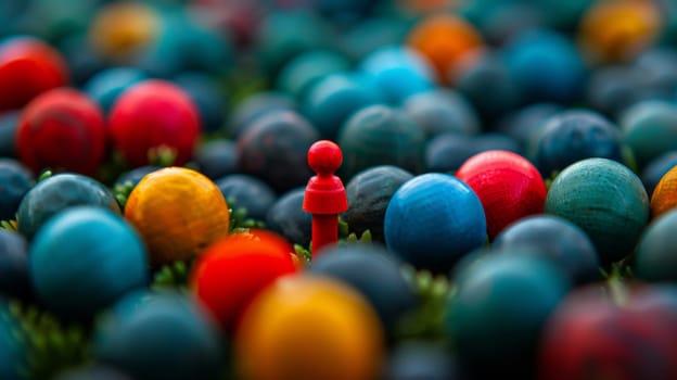 A red figure standing out in a field of colorful eggs