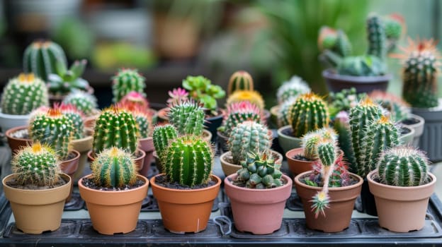 A bunch of cacti are in pots on a table