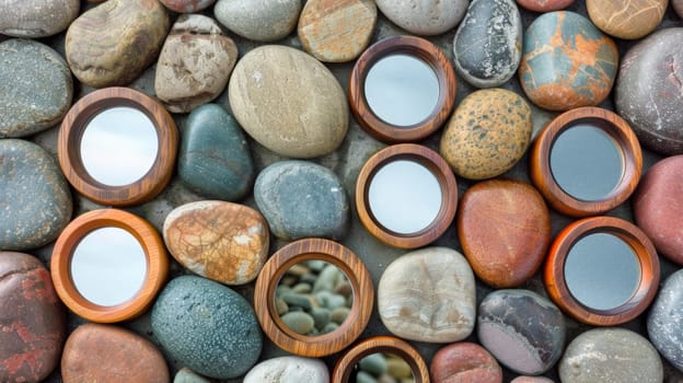 A bunch of mirrors are sitting on top of a pile of rocks