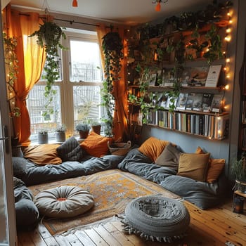 Bohemian reading nook with floor cushions, tapestries, and hanging plantssuper detailed