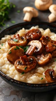 A bowl of rice and mushrooms on a plate with some herbs