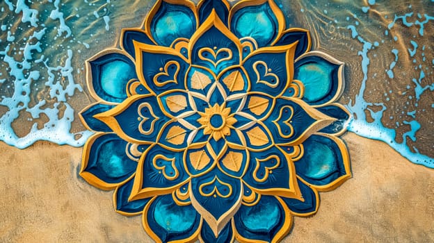 Vibrant, handcrafted mandala design in blue and gold lying on sandy shore with gentle sea foam